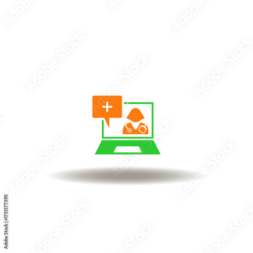 Vector illustration of laptop with nurse on monitor with talk bubble. Symbol of telenursing. Icon of telemedicine and ehealth tech.
