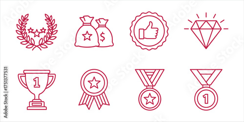 Success and award concept with line icons laurel, money, like, diamond, cup, medal, reward, achievement