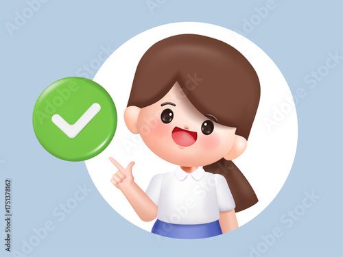 Cute 3D woman pointing a large check mark green symbol. Approval, success and completed task concept. 3d vector people character. Cartoon minimal style.