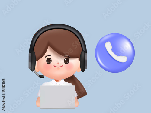 Cute 3D woman in call center online communication, customer service, multimedia and social media concept. 3d vector people character. Cartoon minimal style.