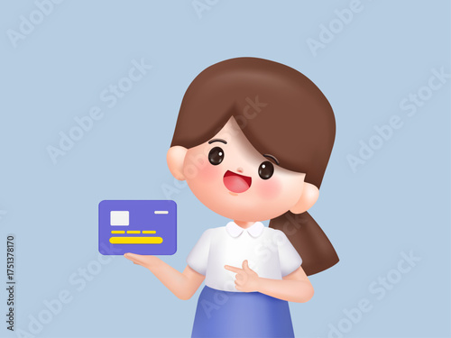 Young smiling woman holding and pointing at credit debit card or digital payment card. Finance, payment, banking and shopping concept. 3d vector people character. Cartoon minimal style.