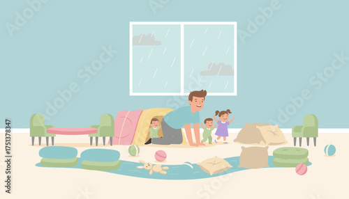Joyful father and kids play indoors on a rainy day building a fort and having family fun