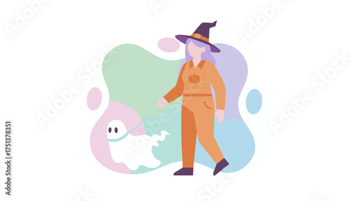 Witch walking a cute ghost on a leash for Halloween celebration Fun spooky autumn concept