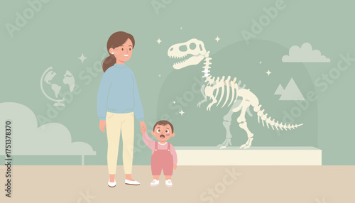 Mother and baby exploring a dinosaur exhibit at a museum fostering wonder and learning