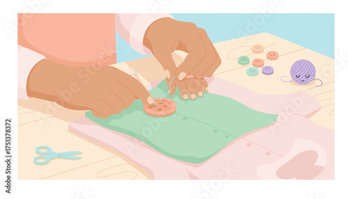 Closeup of hands sewing a button on a shirt Crafting mending hobby fashion DIY concepts