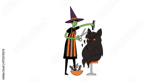 Humorous witch giving a spooky haircut to a bat perfect for Halloween themes and fun