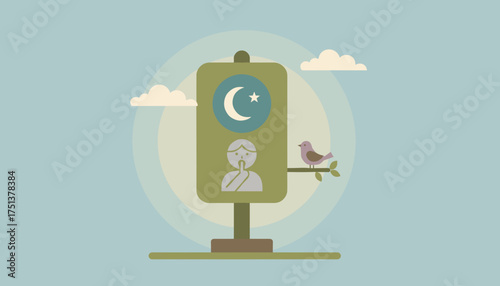 Symbolic representation of quiet reverence for Islamic faith Moon star silence gesture
