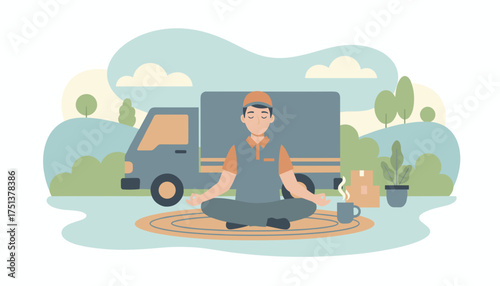 A delivery worker finds peace through meditation amidst moving boxes and a truck symbolizing calm service