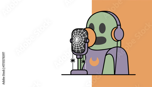 Spooky ghost character podcasting with a spiderweb microphone for Halloween fun
