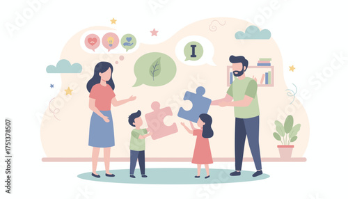 Family uniting puzzle pieces symbolizing teamwork problemsolving and shared growth Education  support concept