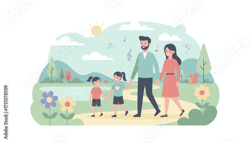 Happy family walking together in a park enjoying nature and a sunny day Joyful outdoor activity