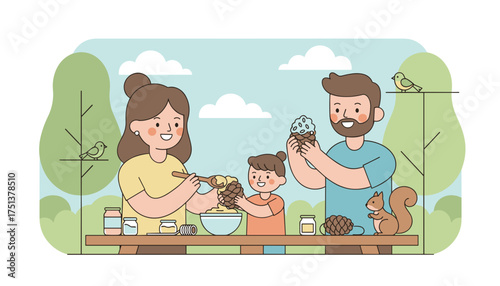 Happy family making pine cone bird feeders outdoors enjoying nature and a bonding activity