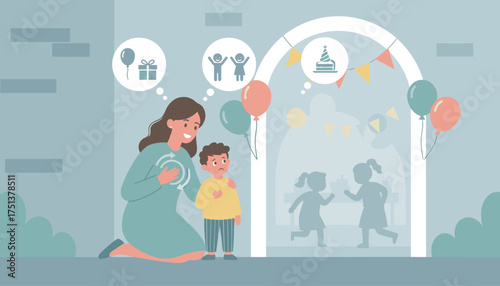 Mother comforts sad child before party symbolizing social anxiety emotional support and childhood
