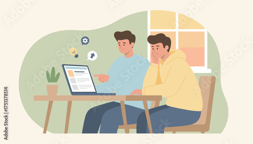 Two men collaborating on a laptop sharing ideas and working together in a relaxed setting