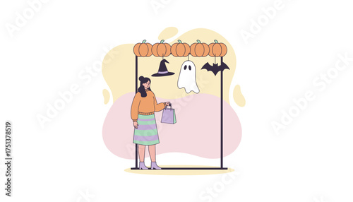 Woman shopping for Halloween decorations Festive autumn celebration retail holiday preparation