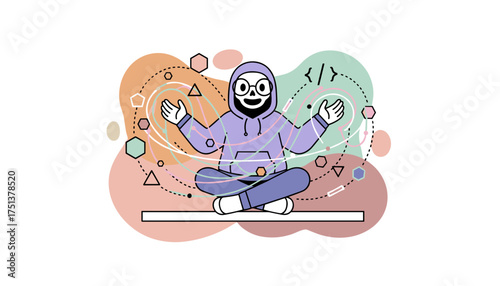 Developer figure with glasses surrounded by coding elements Focus innovation technology concept