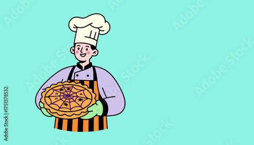 Smiling chef presents a festive Halloween pie with spiderweb design for spooky treats