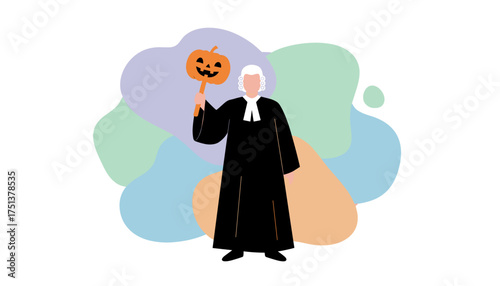 Judge or barrister in wig and robe holding a Halloween jackolantern Legal holiday fun