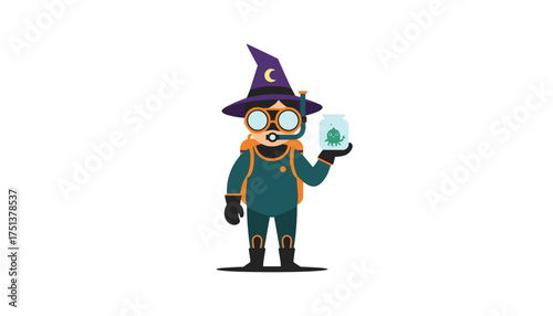 Cartoon diver in wizard hat holds a jar with a curious alien creature Adventure fantasy discovery