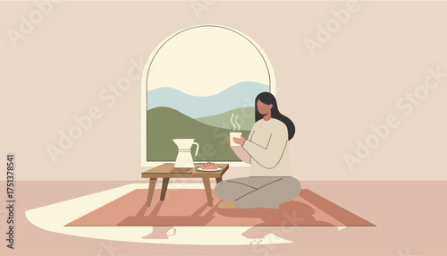 Woman enjoys coffee and scenic view from arched window Relaxing morning tranquil lifestyle concept