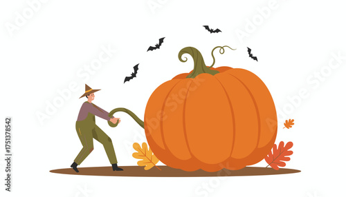 Farmer pulling a giant Halloween pumpkin surrounded by autumn leaves and bats Seasonal harvest fun