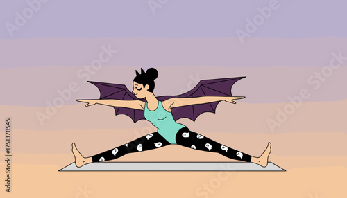 Woman with bat wings in yoga pose festive Halloween fitness concept