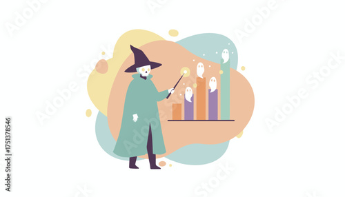 Wizard skeleton presents spooky data with ghosts on a bar chart Halloween business concept