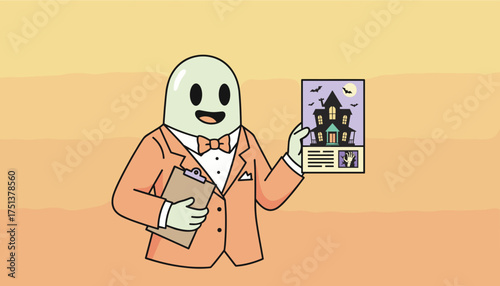 Friendly ghost realtor holding haunted house flyer and clipboard Great for Halloween promotions