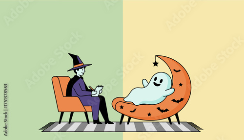 Witch therapist helps friendly ghost on a crescent moon couch Quirky Halloween mental health session