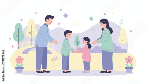 Happy family celebrating Eid Children show respect to parents with traditional greetings Festive occasion