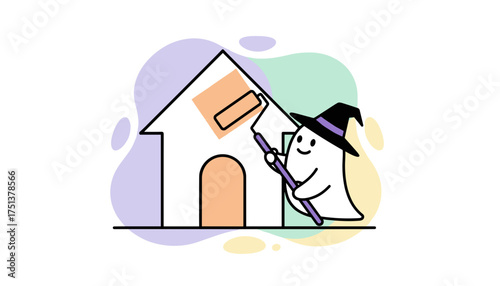 Friendly ghost in witch hat painting a house representing home improvement or Halloween