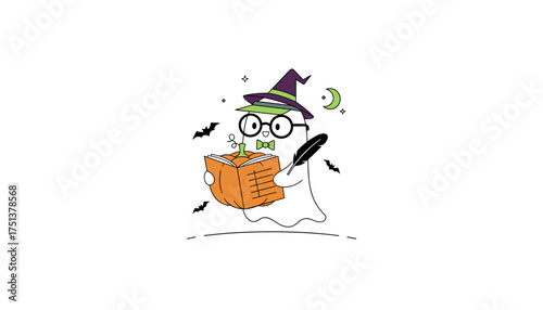 Cute ghost in a witch hat and glasses writing in a pumpkin book with bats flying