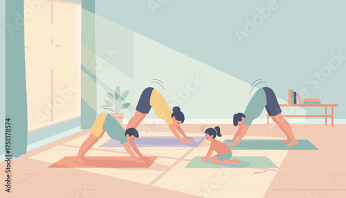 Family practicing yoga together in a sunny room promoting health wellness and bonding