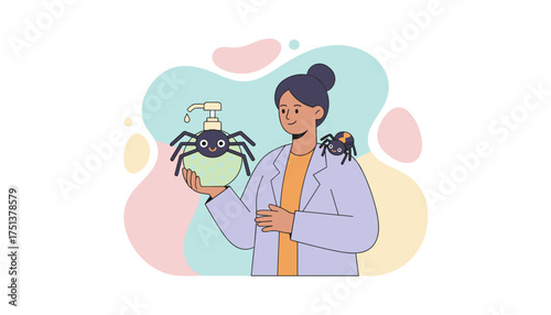 Professional holding whimsical spider soap dispenser illustrating scientific curiosity and hygiene