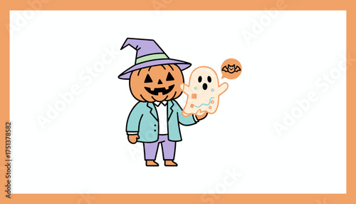 Cute pumpkin character in witch hat holding ghost graphic perfect for Halloween concepts
