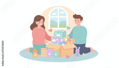 Smiling couple organizing baby supplies and toys embodying care and family support