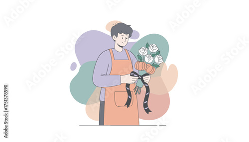 Florist preparing a unique Halloween bouquet with white roses and pumpkins ideal for autumn festivities