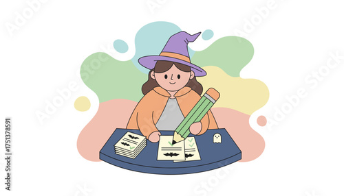 Diligent young witch marks Halloweenthemed papers at her desk with a friendly ghost