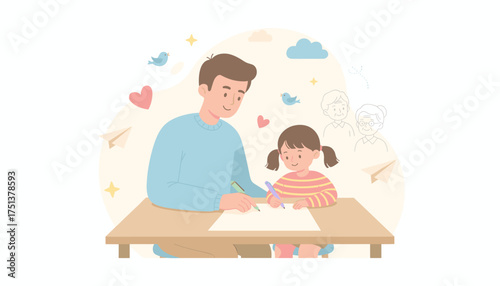 Happy father and daughter drawing together at a table enjoying family bonding and learning