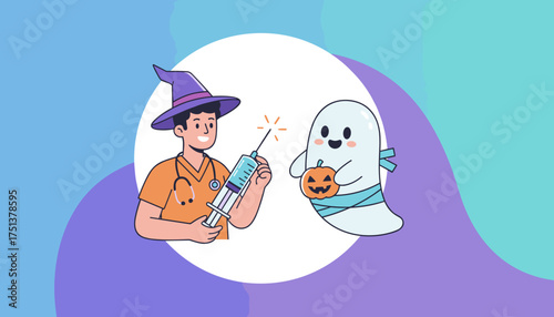 Halloween doctor offers shot to cute ghost with pumpkin Seasonal health  vaccination concept