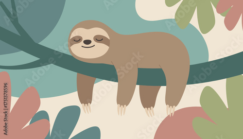 Peaceful sloth sleeping on a jungle branch Serene calm and lazy animal life illustration