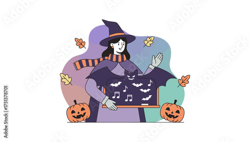 Friendly witch teaches spooky music on bat chalkboard surrounded by pumpkins and autumn leaves