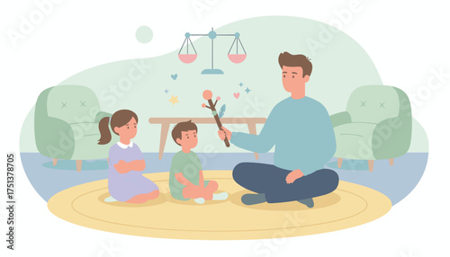 Family bonding Father and kids enjoy storytelling and learning at home