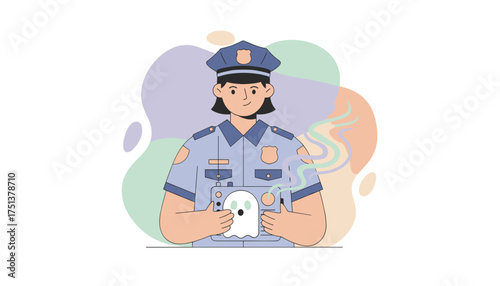 Female police officer with ghost detection device investigating paranormal activity Security mystery