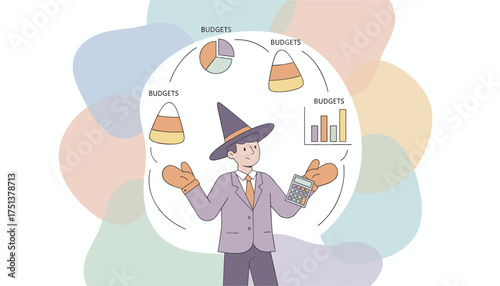 Man in witch hat juggles candy corn and financial charts symbolizing budget management