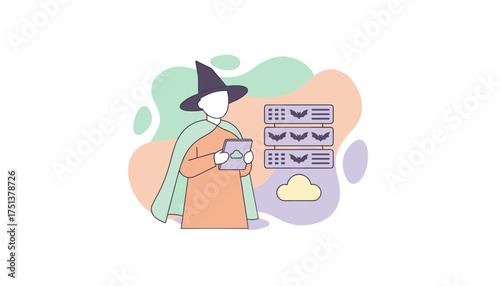 Digital wizard managing cloud servers and data infrastructure with expertise