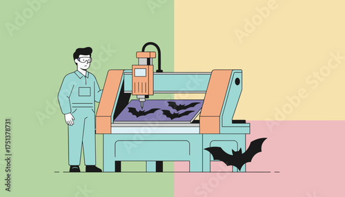 Worker operates CNC machine cutting bat shapes for holiday crafting or industrial production
