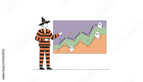 Business person in Halloween costume presents a growth chart with playful ghost elements
