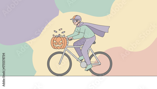 Person on bike with jackolantern and candy Festive Halloween ride for autumn celebration