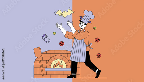 Halloween chef bakes spooky treats in a brick oven with flying bats and festive elements